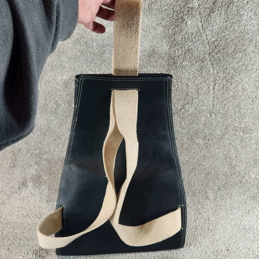 Sling Backpack Black Pebbled Leather‎ Canvas Strap Minimalist